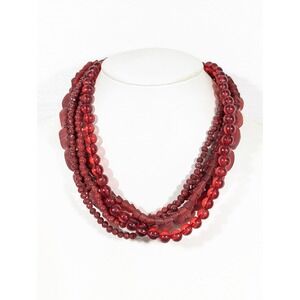 Red Glass Multi Strand Statement Necklace Frosted Beaded Layered 22"